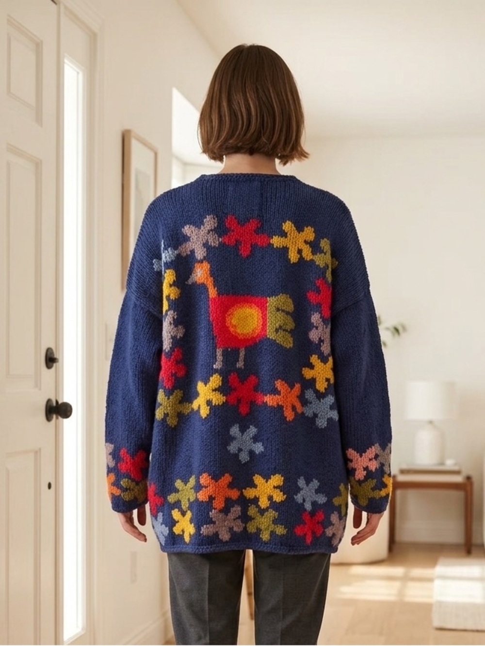 Vintage Amano Hand Knit Chunky Cotton Sweater Floral Folk Art Boho Peru Oversize
